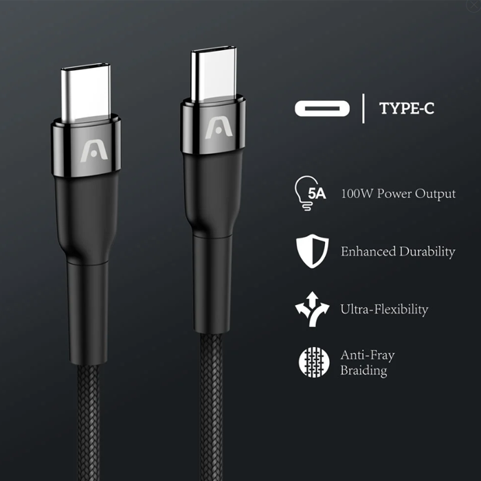 Cable Argom ARG-CB-0049BK Tipo-C a Tipo-C M/M - 6pies (1.8M), para celulares, tablet, laptops, 100W, transferencia hasta 480 Mbps, Nailon Trenzado