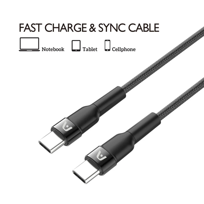 Cable Argom ARG-CB-0049BK Tipo-C a Tipo-C M/M - 6pies (1.8M), para celulares, tablet, laptops, 100W, transferencia hasta 480 Mbps, Nailon Trenzado