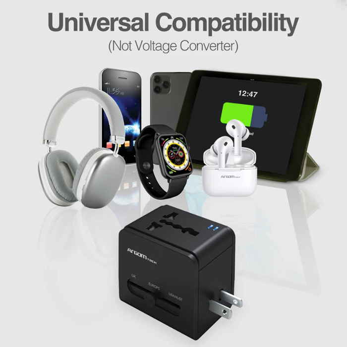 Argom ARG-AC-0298BK Adaptador de Viaje Universal Argom ARG-AC-0298BK, Puerto USB QC3.0 de 18 W, Puerto PD tipo C 20W, Negro ARG-AC-0298BK