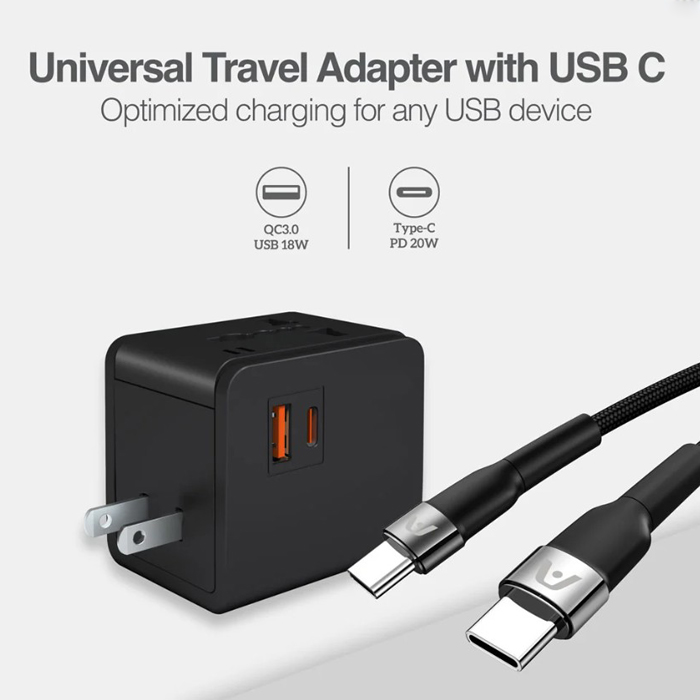 Argom ARG-AC-0298BK Adaptador de Viaje Universal Argom ARG-AC-0298BK, Puerto USB QC3.0 de 18 W, Puerto PD tipo C 20W, Negro ARG-AC-0298BK