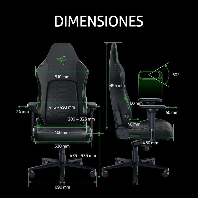Silla para Gamers Razer Iskur V2 - Reposabrazo Ajustable 4D, Reposacabeza, Arcos Lumbares Integrados, Reclinación ajustable de 152º, Color: Negro/Verde. RZ38-04900100-R3U1