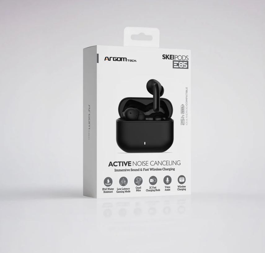 Auricular Argom ARG-HS-5085BK SKEIPODS E85, Audífonos con micrófono, inalámbrico, bluetooth, cancelacion de ruido, color negro. ARG-HS-5085BK