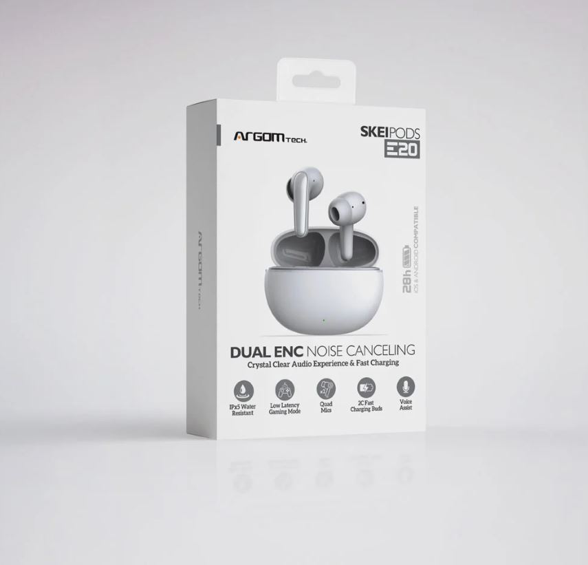 Auricular Argom ARG-HS-5020BK SkeiPods E20 - Audífonos con micrófono, inalámbrico, bluetooth, cancelacion de ruido, color blanco.