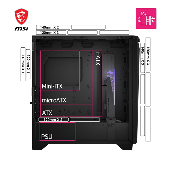 Caja E-ATX MSI MPG GUNGNIR 300R AIRFLOW WHITE - 2x USB 3.2, 1 x USB 3.2, 1 x Mic-entrada / Audio-salida, 3x abanicos de 120mm, Color Blanco. MPG GUNGNIR 300R AIRFLOW WHITE