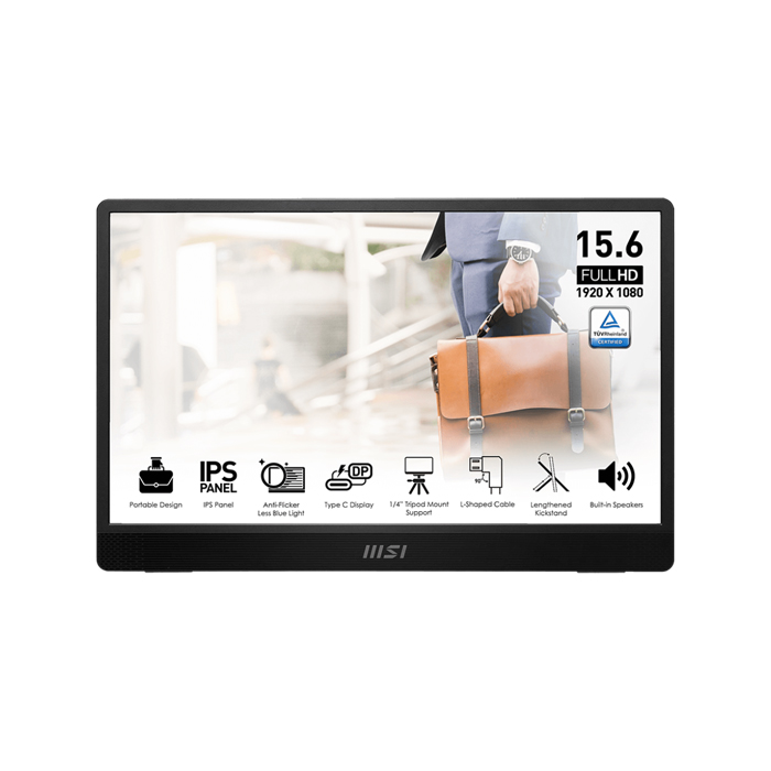 Monitor MSI PRO MP161 E2 - 15.6" IPS, Full HD (1920X1080), 60Hz, 4ms(GTG), 16:9, 800:1, 1x HDMI™ 2.0 (FHD@120Hz), 1x Mini-HDMI™ (2.0b), 2x Type-C, External USB Power (Type C interface), Color: Negro. PRO MP161 E2