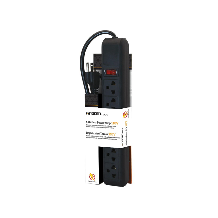 Regleta Argom ARG-AC-0252BK - 6 Tomacorrientes, 110-220V, 3 pies 15 AWG, switch, 1800W, Negra