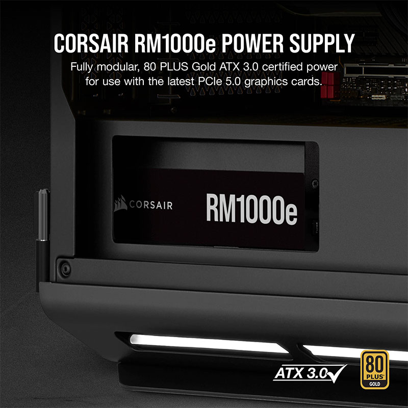 Fuente de Poder Corsair RM1000e - Potencia de 1000W ATX, abanico 140mm, Modular, conexiones 3 x PCI-Express & 7x SATA, certificado 80 PLUS Gold. CP-9020264-NA