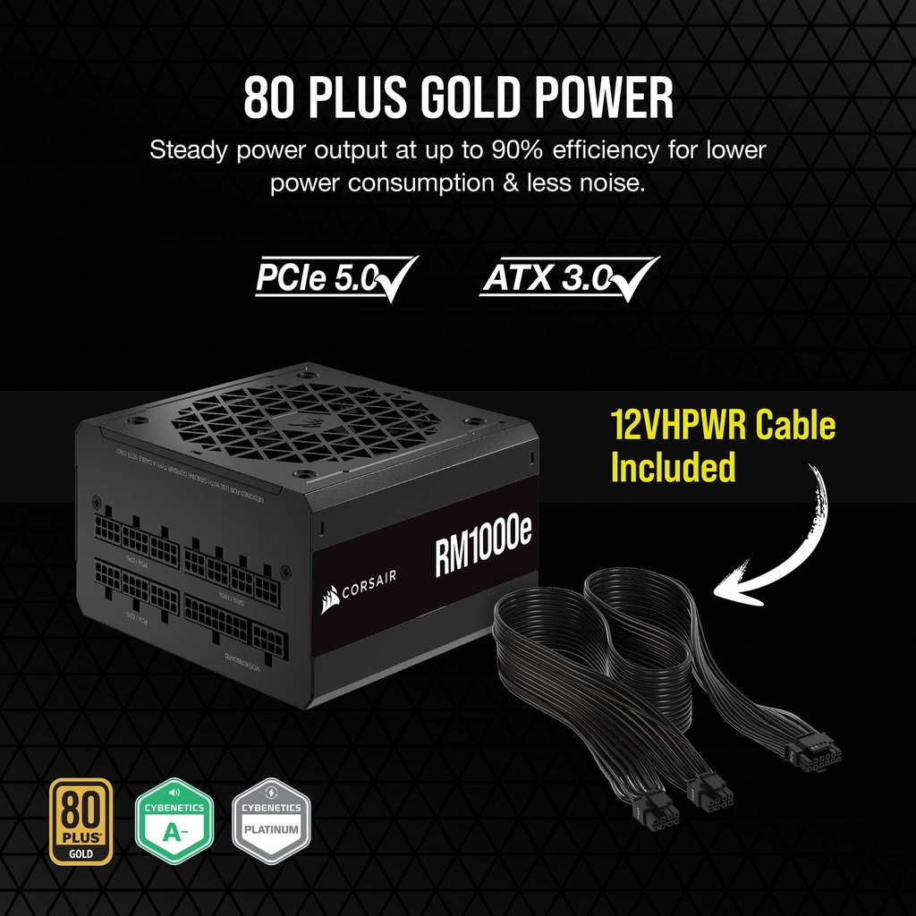 Fuente de Poder Corsair RM1000e - Potencia de 1000W ATX, abanico 140mm, Modular, conexiones 3 x PCI-Express & 7x SATA, certificado 80 PLUS Gold. CP-9020264-NA