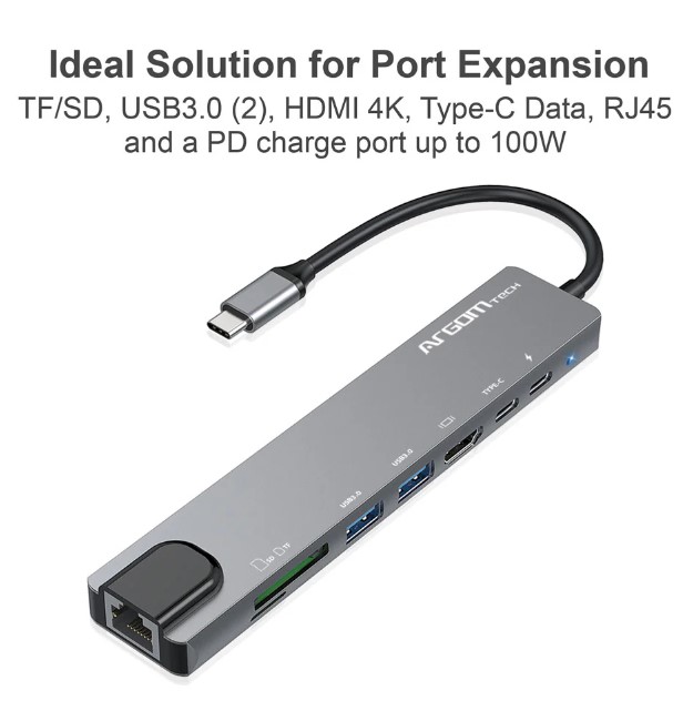 Hub Argom ARG-UB-0093, USB Tipo C macho para computadora o movil, 8 en 1, 2 X USB 3.0 hembra, 1 X HDMI, 1 X MicroSD, 1 X SD, RJ45 red 1000Mbps, 2 X Tipo C(transferencia y carga) color gris.