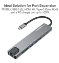Hub Argom ARG-UB-0093, USB Tipo C macho para computadora o movil, 8 en 1, 2 X USB 3.0 hembra, 1 X HDMI, 1 X MicroSD, 1 X SD, RJ45 red 1000Mbps, 2 X Tipo C(transferencia y carga) color gris.