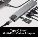 Hub Argom ARG-UB-0093, USB Tipo C macho para computadora o movil, 8 en 1, 2 X USB 3.0 hembra, 1 X HDMI, 1 X MicroSD, 1 X SD, RJ45 red 1000Mbps, 2 X Tipo C(transferencia y carga) color gris.