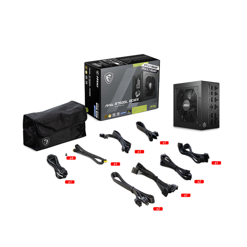 Fuente de poder MSI MAG A750GL PCIE5 - 750W, 24 Pines ATX, 3x Conector 6+2 PCI-E 5.0 y 8x SATA, Abanico 120mm, 80 Plus Gold