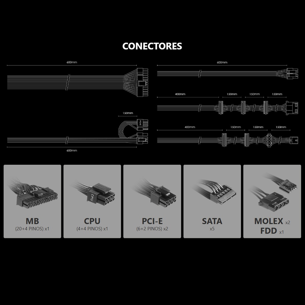 Fuente de poder MSI MAG A600DN - Potencia de 600W, 24 pines ATX, 2x conector 6+2 PCI-E y 5x SATA, abanico 120mm, 80 plus standart.