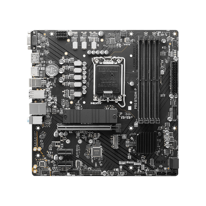 Tarjeta madre MSI PRO B760M-P DDR5 - LGA1700, Intel B760, 4x DDR5 6800Mhz(OC), PCI-Express 4.0, 2X M.2, DisplayPort, HDMI, VGA, 4X USB 2.0, 1X USB Tipo C