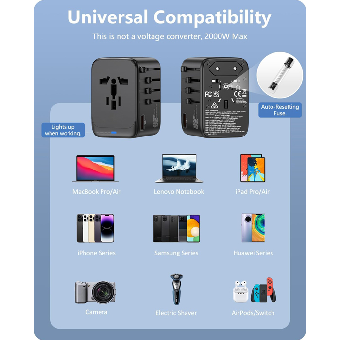 Argom ARG-AC-0298BK Adaptador de Viaje Universal Argom ARG-AC-0298BK, Puerto USB QC3.0 de 18 W, Puerto PD tipo C 20W, Negro ARG-AC-0298BK (copia)