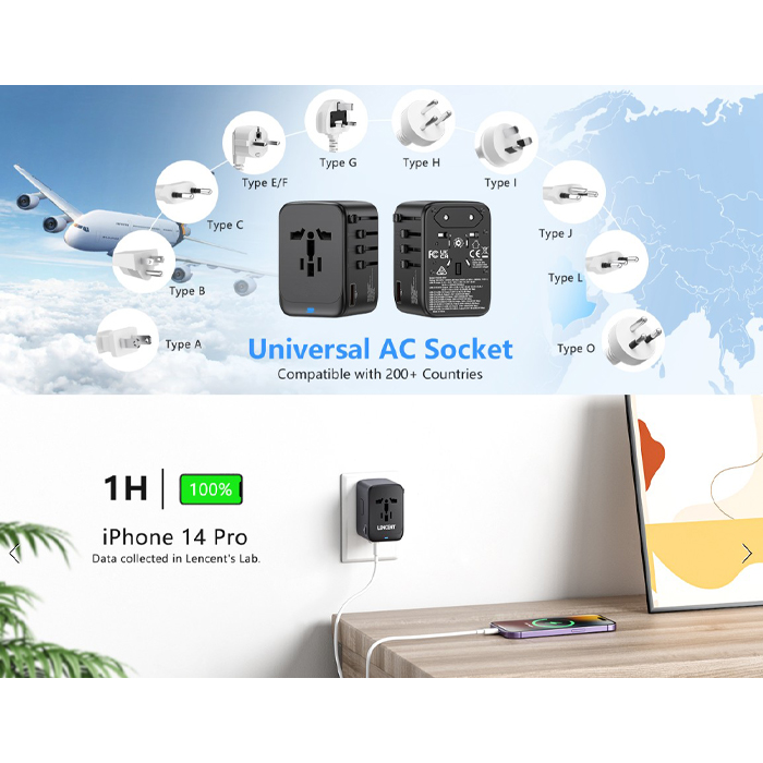 Argom ARG-AC-0298BK Adaptador de Viaje Universal Argom ARG-AC-0298BK, Puerto USB QC3.0 de 18 W, Puerto PD tipo C 20W, Negro ARG-AC-0298BK (copia)
