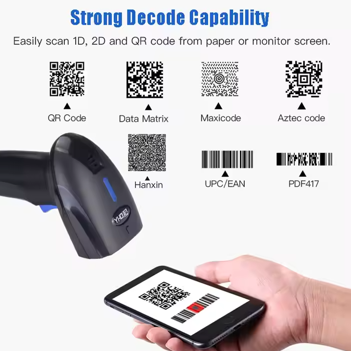 Escáner de Código de Barra y QR, O.E.M.,1D, 2D, IP65, Bluetooth, Wifi 2,4 G con adaptador, Cable USB,  YHD-1100DB