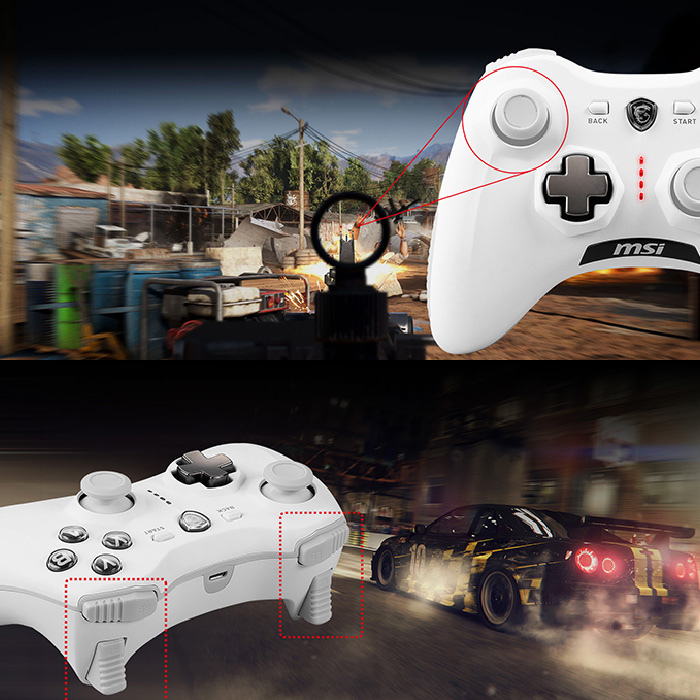 Joystick MSI Force GC30 V2 - Control de juego inalámbrico, motores de vibración dual, Interfaz usb 2.0, compatible con Windows 10, android, batería de litio, color blanco.
