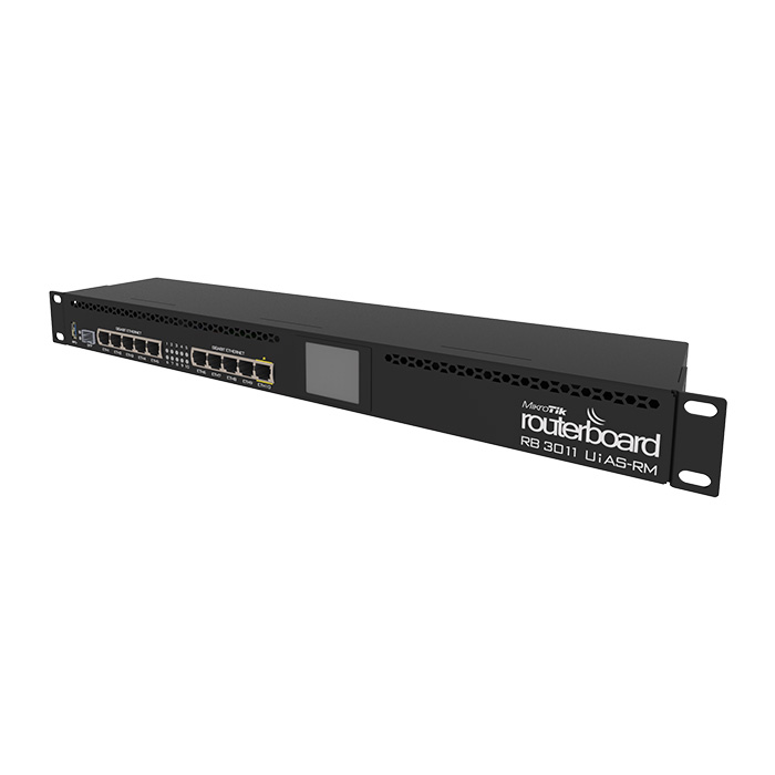 Montaje en rack 1U, 10 Gigabit Ethernet, SFP, USB 3.0, LCD, salida PoE en el puerto 10, 2 CPU de 1,4 GHz, 1GB de RAM, RouterOS L5. RB3011UiAS-RM