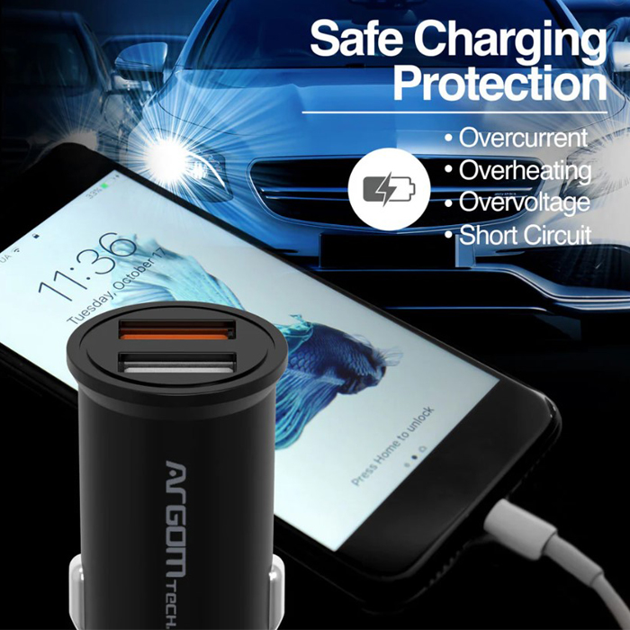 Cargador de Coche Argom ARG-AC-0111BK - Cargador doble para automóvil, USB, Carga rapida, 30W, Compatible con celulares, tablets, otros