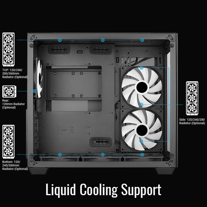 Caja Gamer Aerocool -Vidrio Templado, RGB, Para ATX/Micro ATX/mini ITX, Puertos USB3.0x1, USB2.0x2, Audio HD y micrófono, Color Negro. DRYFT-G-BK-V1 