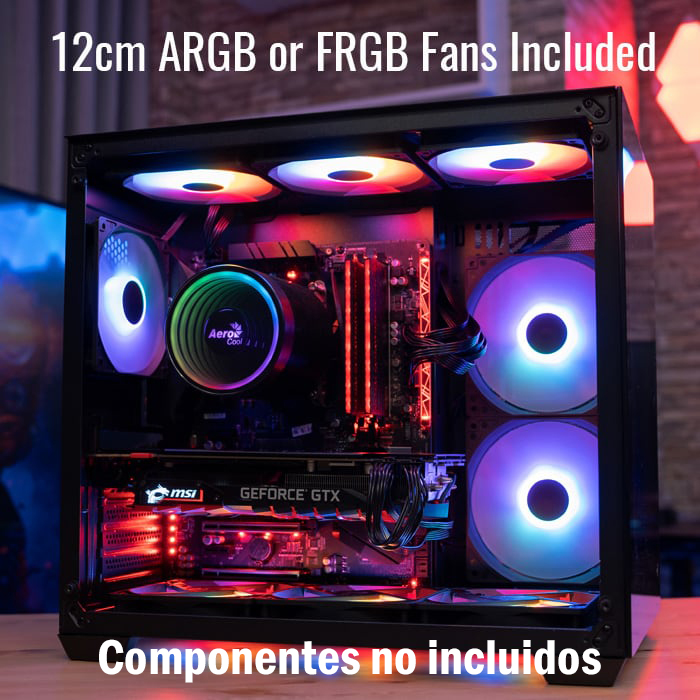 Caja Gamer Aerocool -Vidrio Templado, RGB, Para ATX/Micro ATX/mini ITX, Puertos USB3.0x1, USB2.0x2, Audio HD y micrófono, Color Negro. DRYFT-G-BK-V1 