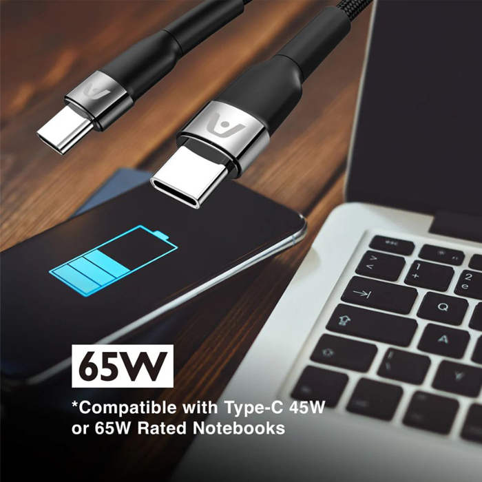 Cable Argom ARG-CB-0047BK Tipo-C a Tipo-C M/M - 6pies (1.8M), para celulares, tablet, laptops, transferencia hasta 480 Mbps, Nailon Trenzado