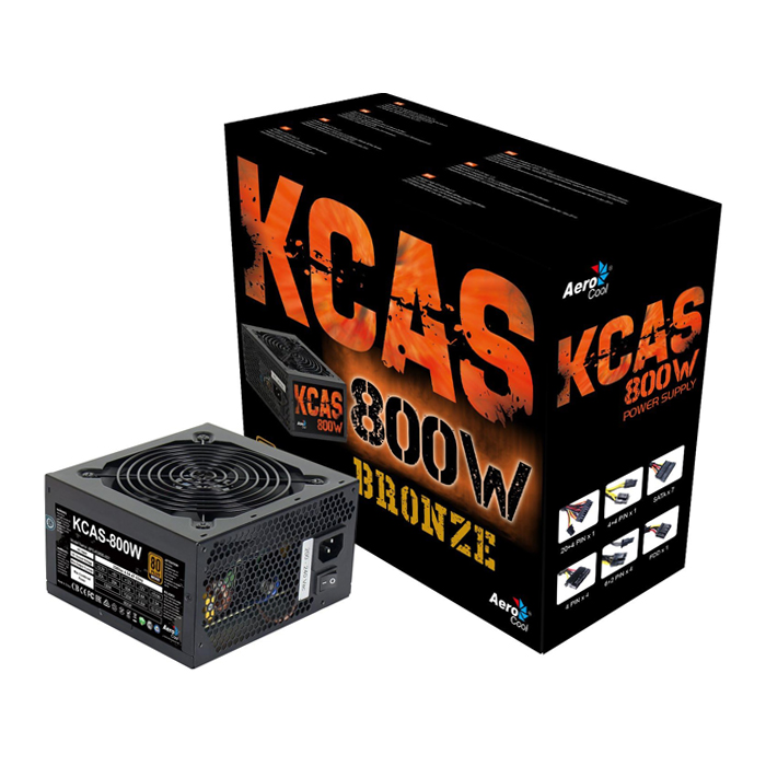 Fuente de Poder Aerocool BRONZE KCAS-800W - Potencia de 800W, 24 pines, abanico 120mm, 80 plus Bronze. ACPB-KC80FUC.12
