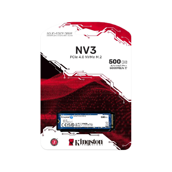 Unidad de Estado Sólido (SSD) Kingston NV3 - Capacidad de 500GB, 5000MB/s de lectura, 3000MB/s de escritura, NVMe PCIe 4.0 x4, M.2 2280. SNV3S/500G