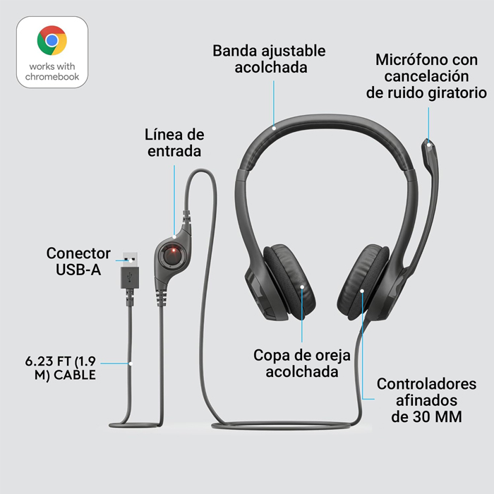 Auricular Logitech USB Headset H390 - Audífono con micrófono, supresor de ruido, control de volumen, conector usb.