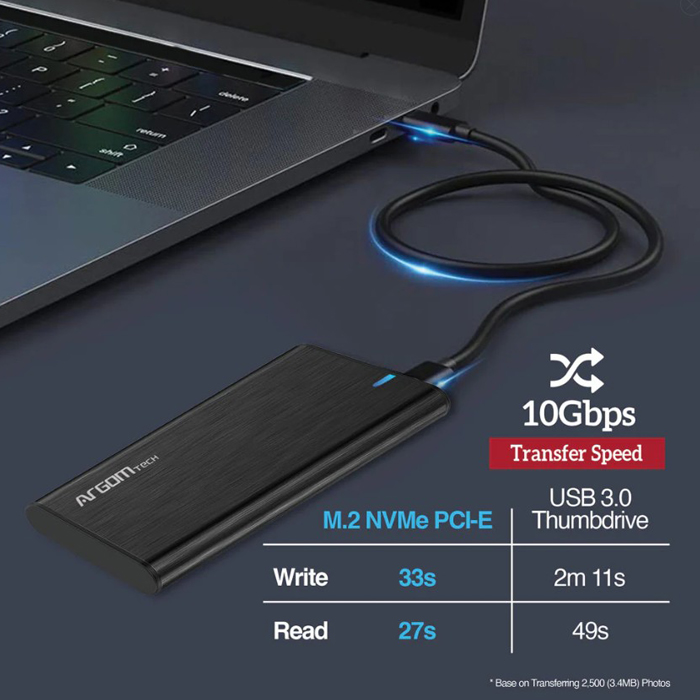 Caja portable Argom - M.2 PCI-E NVME a Tipo-C o USB 3.0, , velocidad hasta 10 Gbps, Admite SSD PCI-E de tamaños 2230, 2242, 2260 y 2280, color Negro. ARG-AC-1038