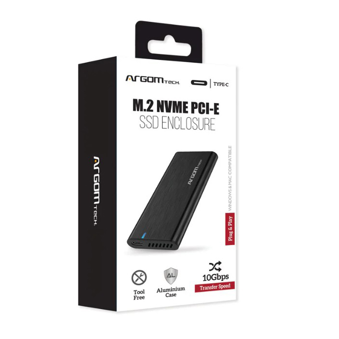 Caja portable Argom - M.2 PCI-E NVME a Tipo-C o USB 3.0, , velocidad hasta 10 Gbps, Admite SSD PCI-E de tamaños 2230, 2242, 2260 y 2280, color Negro. ARG-AC-1038