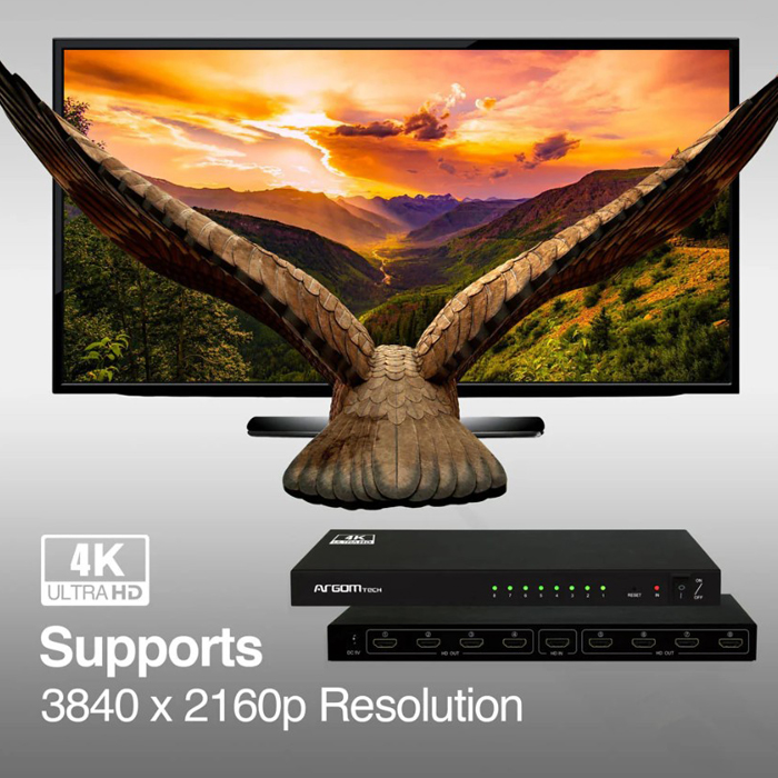 Switch HDMI Argom - ARG-AV-5118- 1 entrada HDMI a 8 salidas HDMI, Resolución: 3840x2160p a 60 Hz, ARG-AV-5118