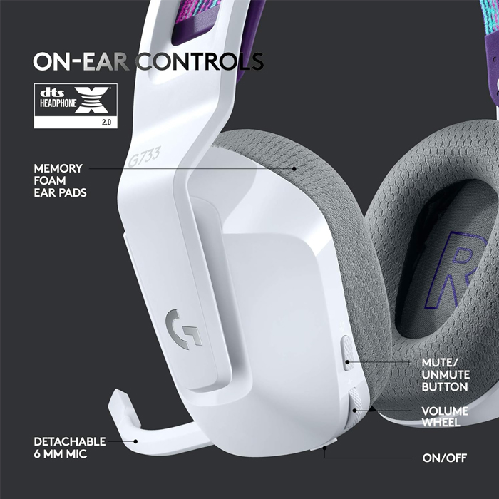 Auricular Logitech G733 LightSpeed RGB Wireless - Audífono con micrófono para gamer, inalámbrico, dts, compatible con PC/MAC/PS4, color blanco. 981-000882