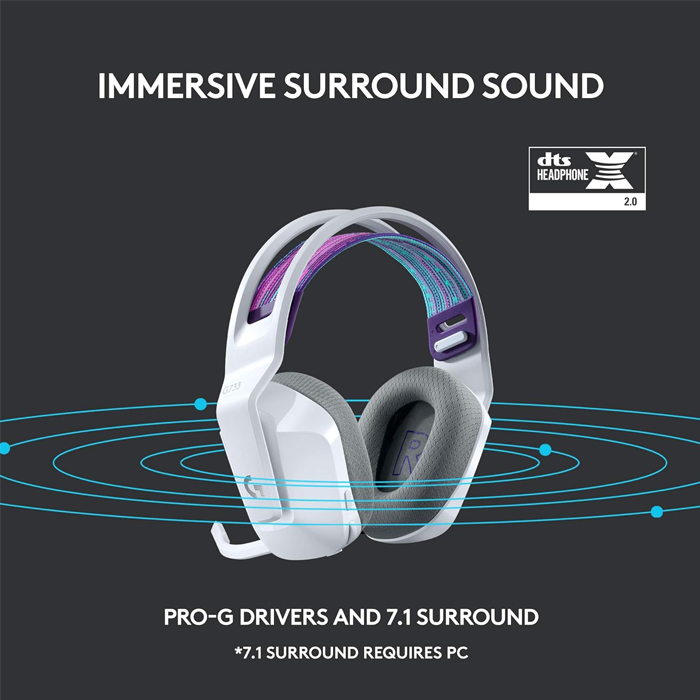 Auricular Logitech G733 LightSpeed RGB Wireless - Audífono con micrófono para gamer, inalámbrico, dts, compatible con PC/MAC/PS4, color blanco. 981-000882