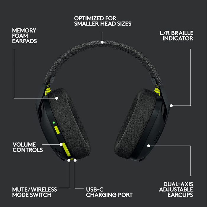 Auricular Logitech G435 - Audífono con micrófono para gamer, inalámbrico, controlador de 40mm, 2.4 GHz LIGHTSPEED, bluetooth, compatible con PC, PlayStation 4/5, color negro/amarillo. 981-001049