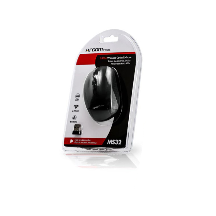 Ratón Argom ARG-MS-0032B - Ratón óptico, inalámbrico, ARG-MS-0032B, ergonómico, 2.4 Ghz, 800/1600 DPI, 6 botones, 2 pilas AAA, color negro.