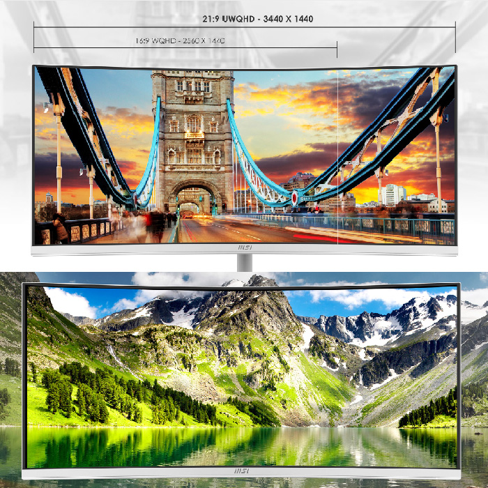 Monitor MSI PRO MP341CQW - 34" Curvo Gaming, 3440 x 1440 (UWQHD), 100Hz, 4ms, 21:9, 3000:1, 2x HDMI™ 2.0 (FHD@120Hz), 1x DisplayPort 1.2a, Color: Blanco. PRO MP341CQW