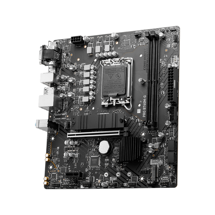Tarjeta madre MSI PRO B760M-G DDR5, LGA1700, Intel B760, 2x DDR5 6400Mhz+(OC), PCI-E1 Gen PCIe 4.0, 1xDisplayPort, 1xHDMI, 1xVGA, 2X USB 2.0, 4X USB Tipo A(5Gbps), 2xM.2, Realtek® RTL8125B 2.5Gbps LAN. PRO B760M-G
