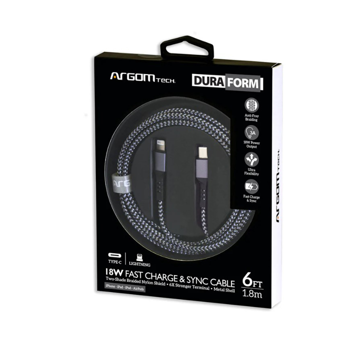 Cable Trenzado de Nailon Argom, ARG-CB-0024BK, USB Tipo C macho a Lightning de 18W macho, 1.8m (6pies).