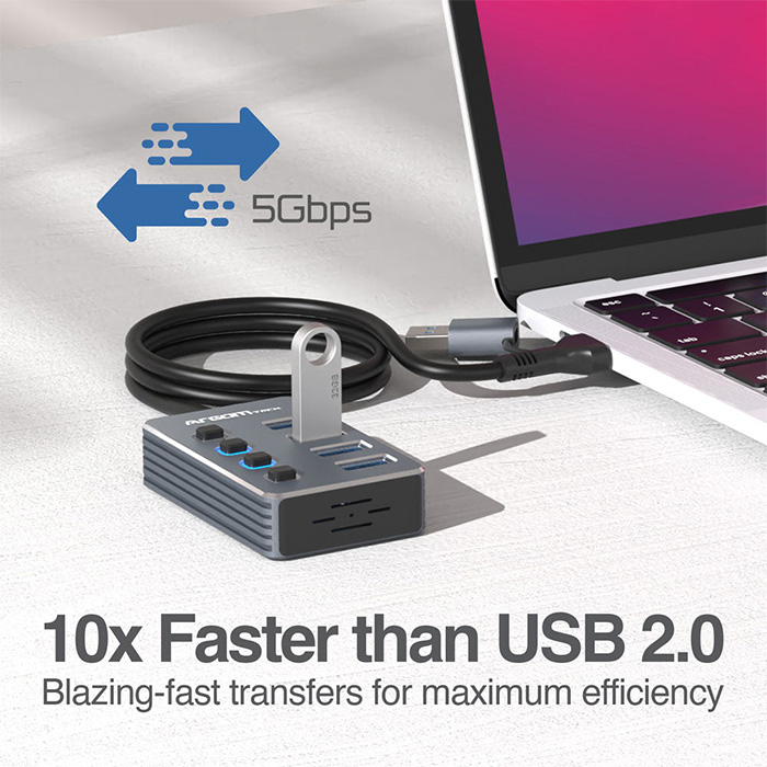 HUB Argom ARG-UB-0190 Tipo C/USB 3.0 2 en 1 de One Axess con 4 puertos USB 3.0, Velocidad de transferencia de datos de 5 Gbps. ARG-UB-0190