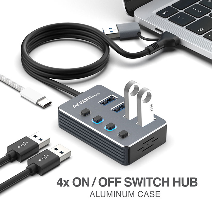 HUB Argom ARG-UB-0190 Tipo C/USB 3.0 2 en 1 de One Axess con 4 puertos USB 3.0, Velocidad de transferencia de datos de 5 Gbps. ARG-UB-0190