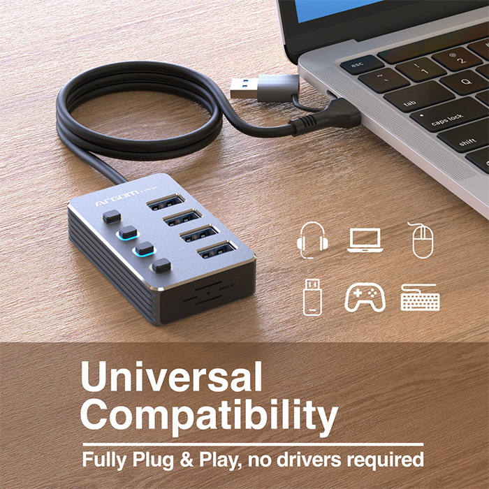 HUB Argom ARG-UB-0190 Tipo C/USB 3.0 2 en 1 de One Axess con 4 puertos USB 3.0, Velocidad de transferencia de datos de 5 Gbps. ARG-UB-0190
