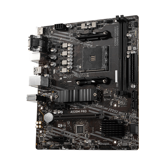 Tarjeta madre MSI AMD A520M PRO, AM4, 2x DDR4 3200Mhz, PCI-E1 Gen PCIe 5.0, 1xTipo C DisplayPort, 1xHDMI, 4X USB 2.0, 2X USB Tipo A, 2xM.2, Realtek® 8126VB 5G LAN. A520M PRO