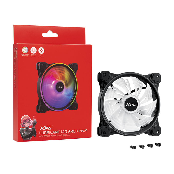 Abanico XPG Hurricane 140 ARGB - Para gabinete, caja 140mm, hasta 1800 RPM, conector 4 pines, 28dBA, color negro. HURRICANE140ARGBPWM-BKCWW