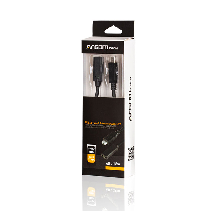 Cable Argom Tipo-C macho a Tipo-C hembra macho/hembra- 6pies (1.8M), para celulares, tablet, laptops, transferencia hasta 5Gbps. ARG-CB-0064
