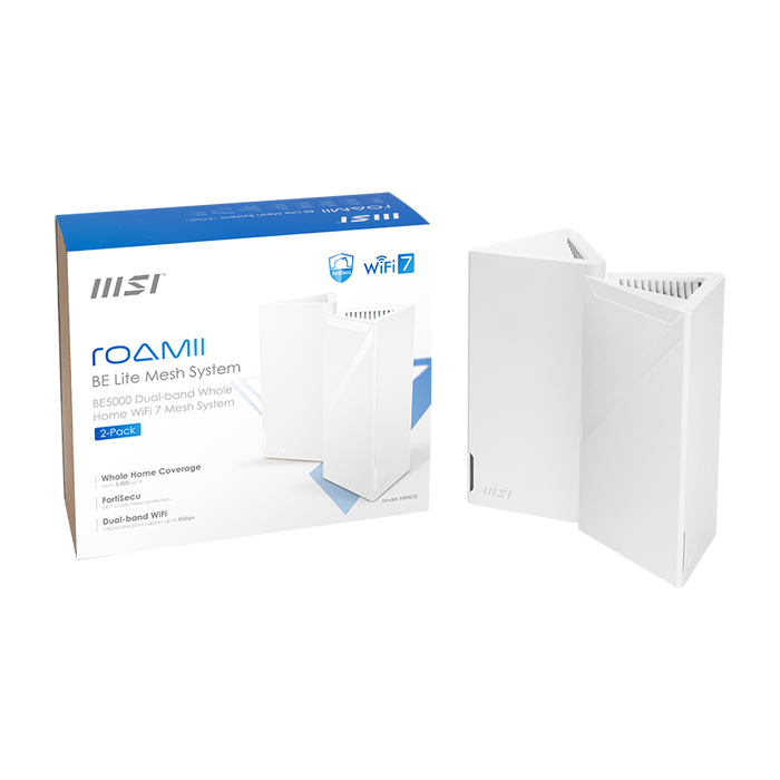 Enrutador MSI MRBE50 (2-PK), Dual Banda WiFi 7, 802.11be, Tecnología OFDMA, MU-MIMO 2.4GHz/5GHz, Cifrado WPA-PSK / WPA2-PSK / WPA3-PSK, WPS. Roamii BE Lite Mesh System- 2 Pack