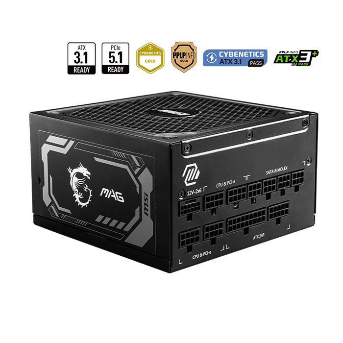 Fuente de poder MSI MAG A1000GL PCIE5 - 1000W, 24 Pines ATX, 6x Conector 6+2 PCI-E 5.0 y 12x SATA, Abanico 135mm, 80 Plus Gold