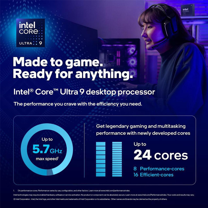 Intel Procesador Intel® Core™ Ultra 9 285K - 20 Núcleos a 3.70GHz, Arrow Lake, Socket LGA1851, 36MB SmartCache, Intel Turbo Boost 5.50GHz. BX80768285K