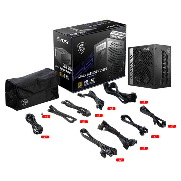 Fuente de Poder MSI MPG - Potencia de 850W, 1 x 24 pines ATX, 2x EPS, 1 x PCI-E 5.0, 6 x PCI-E, 8 x SATA, 4 x Periférico, 1 x FDD, 80 plus gold. MPG A850G PCIE5